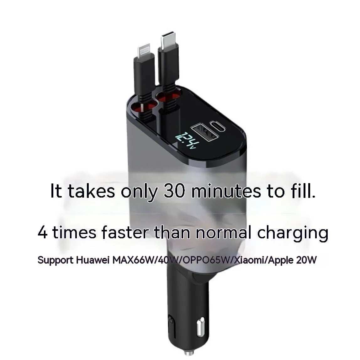 Car USB charger with retractable cable and four charging ports for multiple devices