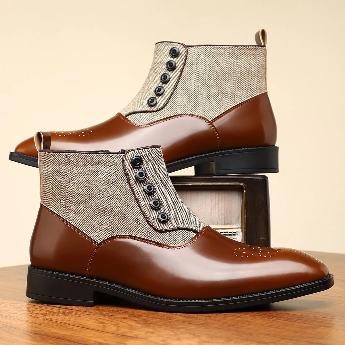 Men's brown and green retro-style formal shoes with side zipper and square toe.