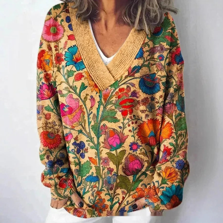 Women's V-neck long sleeve sweatshirt with a detailed 3D floral print pattern.
