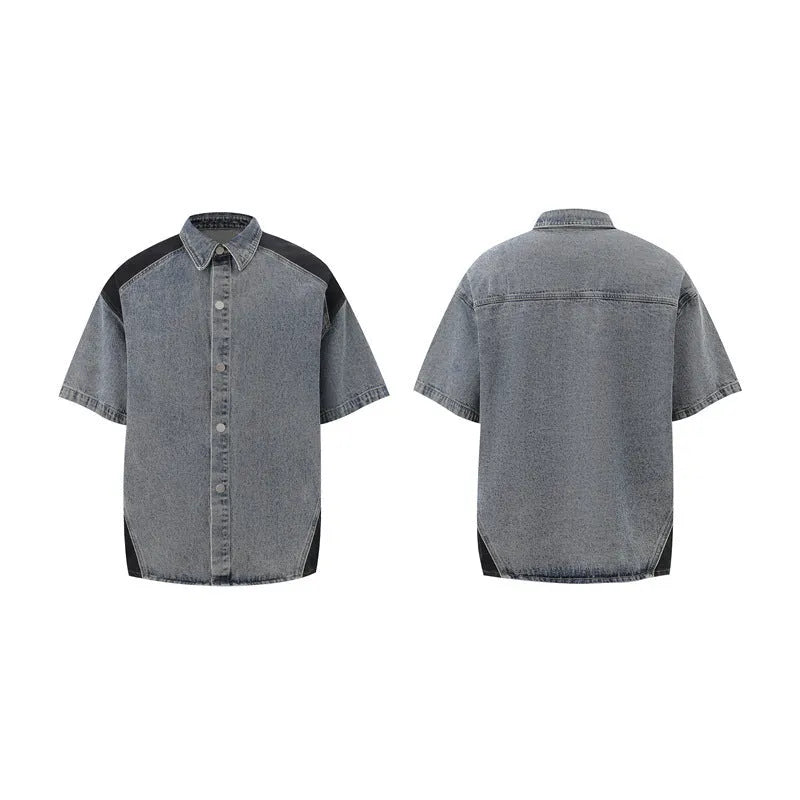 Retro washed denim suit set with short-sleeved jacket and trousers in street style