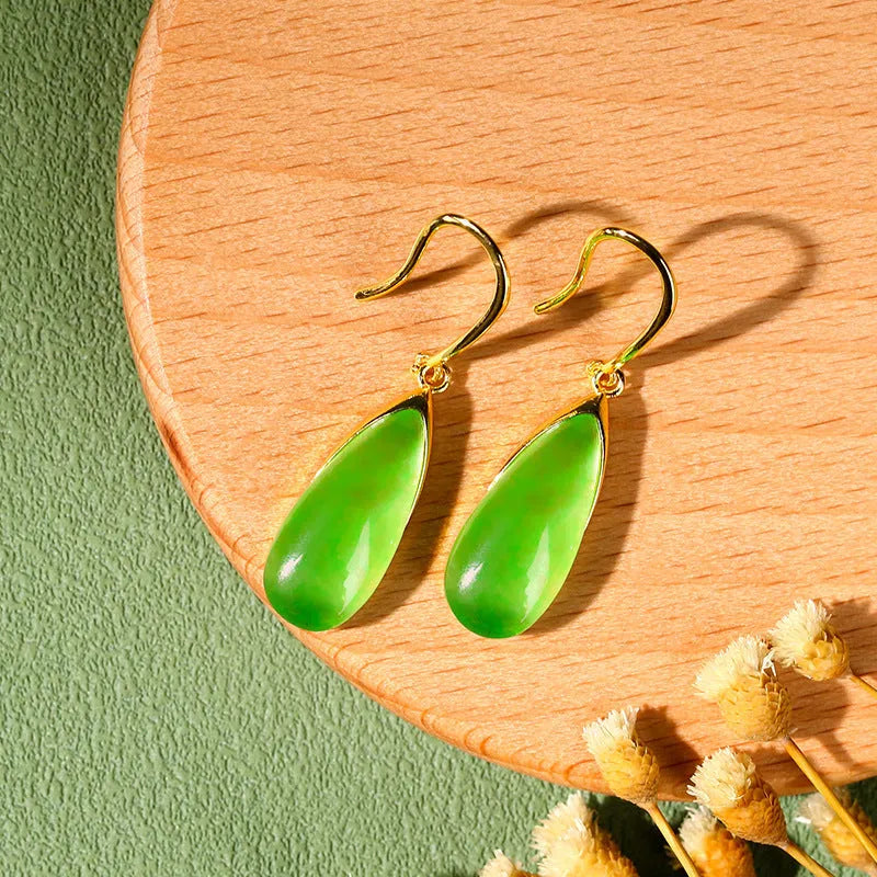 Retro geometric Chinese-style earrings with water droplet design in electroplated CP798 jade colour
