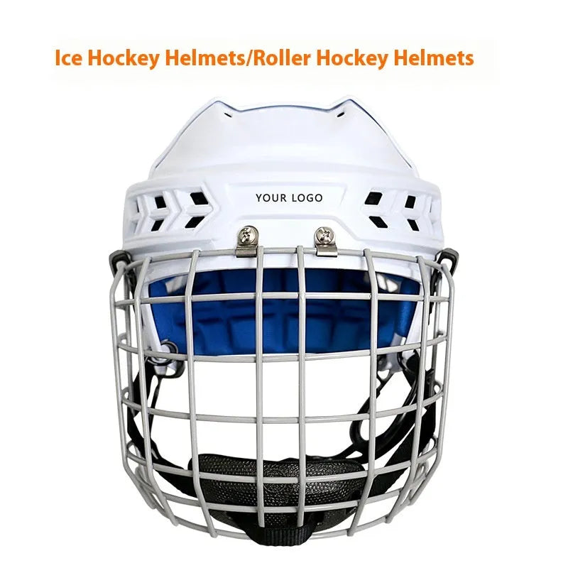 Ice hockey helmet with carbon steel face mask showing impact-resistant PP shell construction