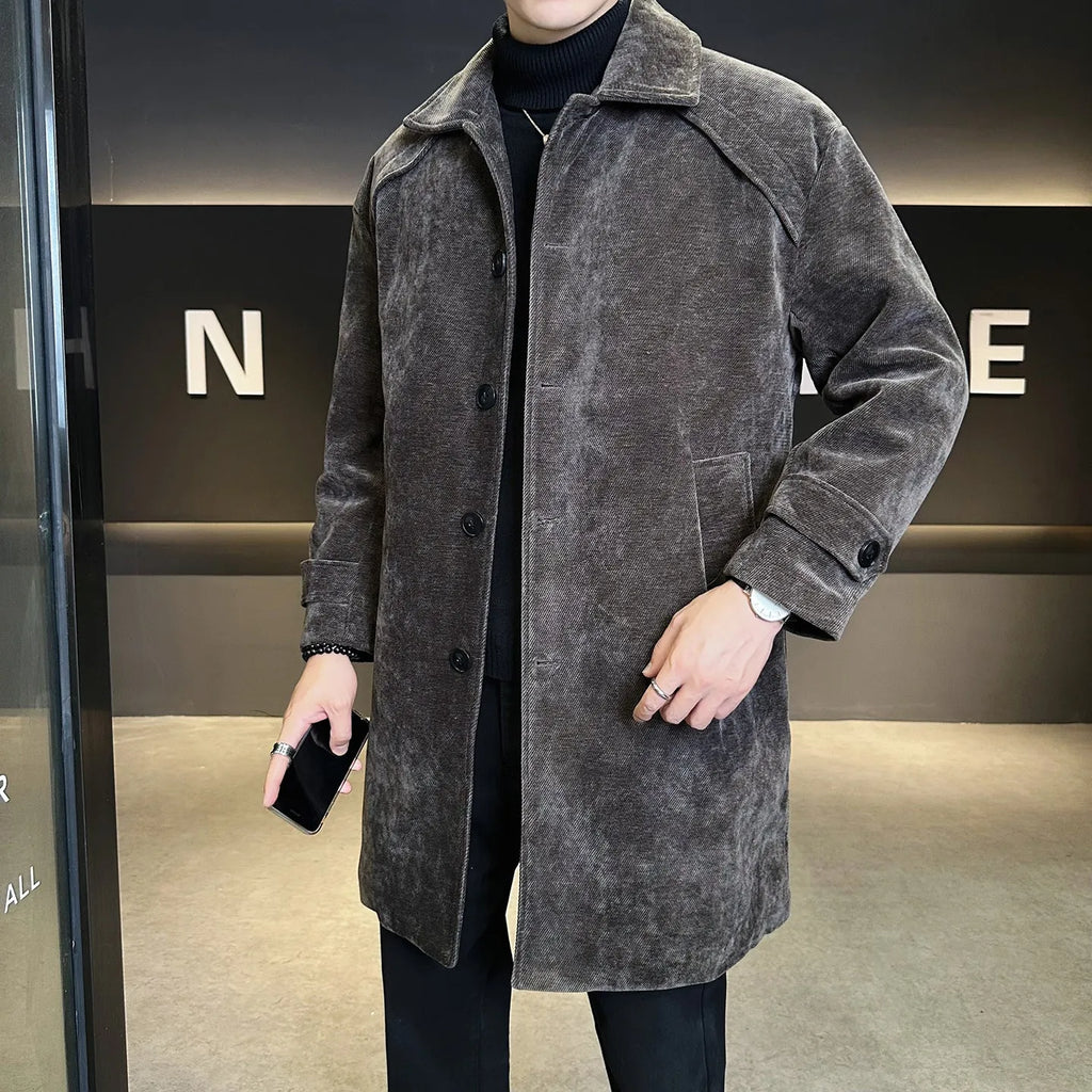 Long brown cotton wool blend jacket with thickened windproof construction, regular fit, and polyester lining, shown front view.
