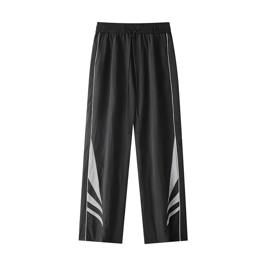 Men's black loose-fit straight-leg sports trousers for summer, shown on a hanger.