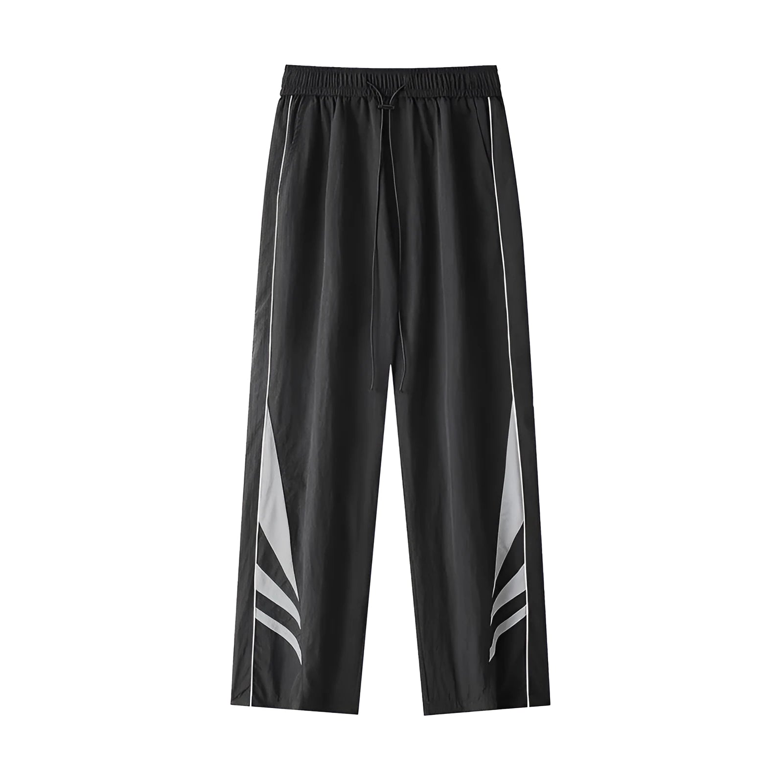 Men's black loose-fit straight-leg sports trousers for summer, shown on a hanger.