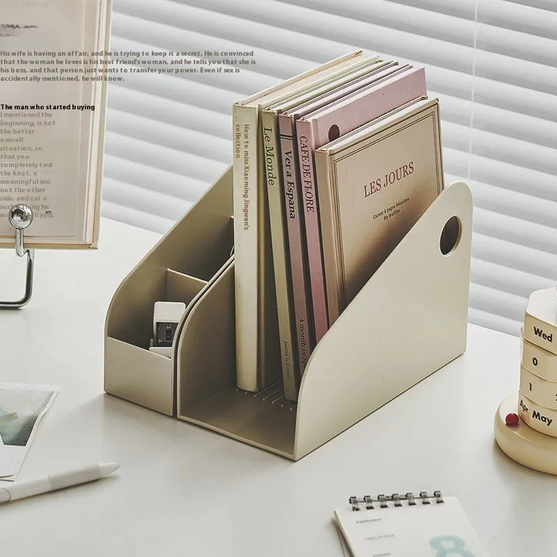 Plastic desktop storage box with two grid compartments for documents and stationery