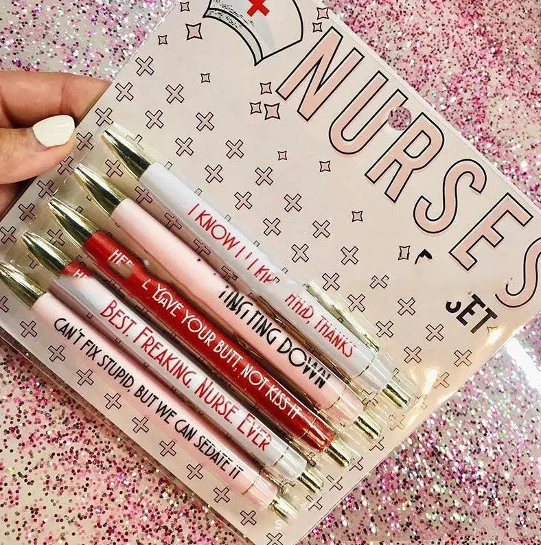 Set of five blue and white nurse-themed retractable ballpoint pens.