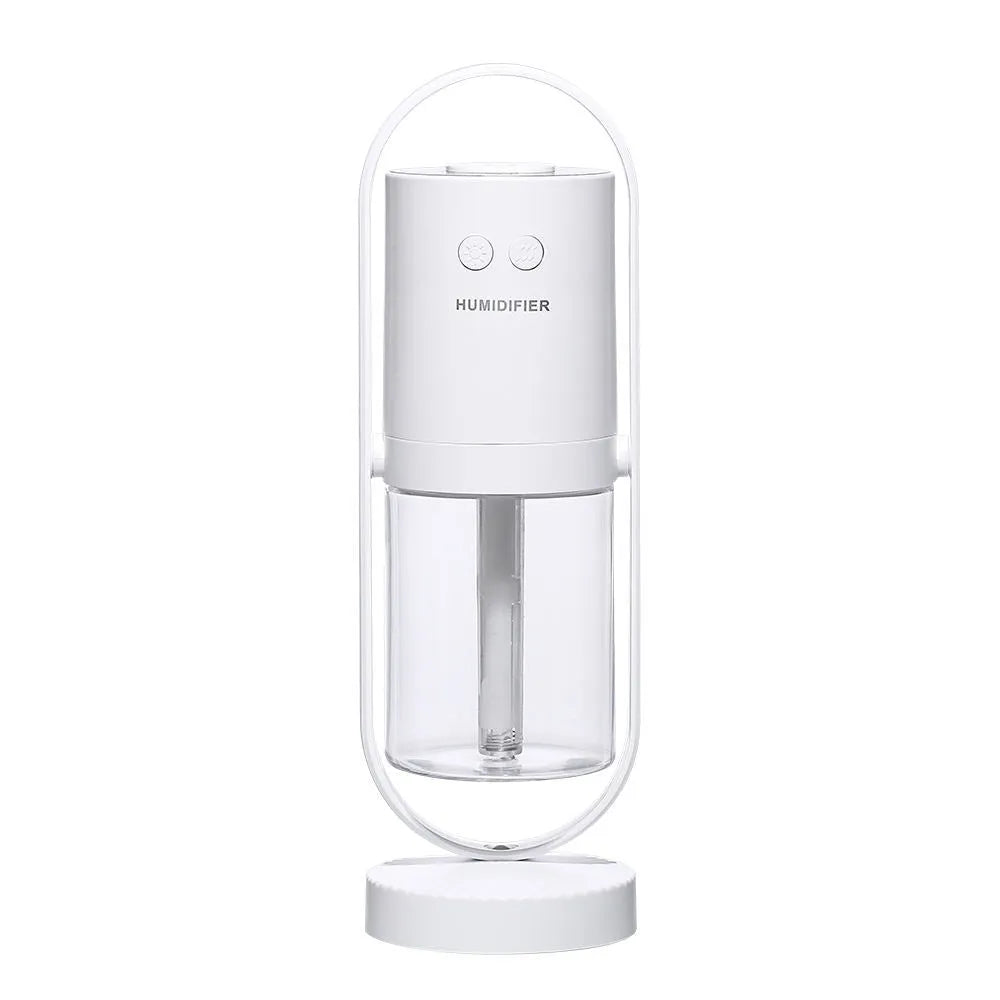200ml portable USB humidifier with colourful light showing pink, dark blue, sky blue, and white colour options
