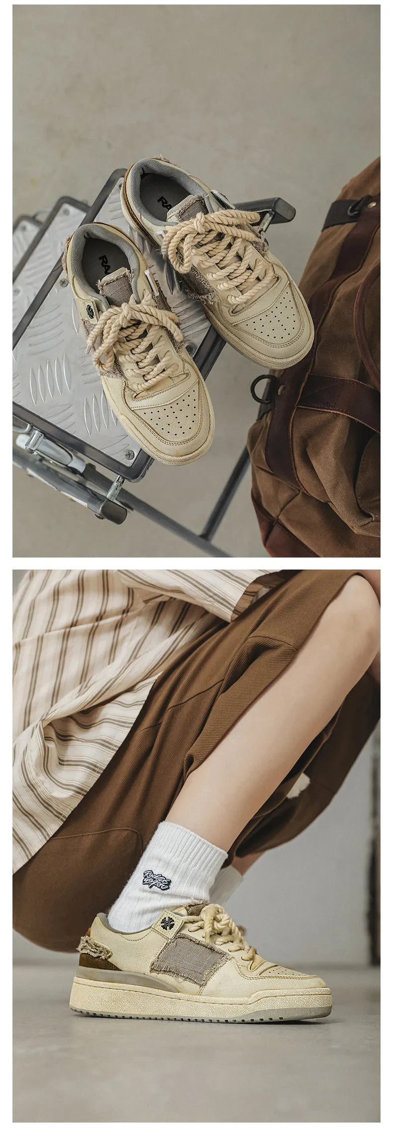 Beige low-top vintage skate shoes with lace-up front and rubber sole.