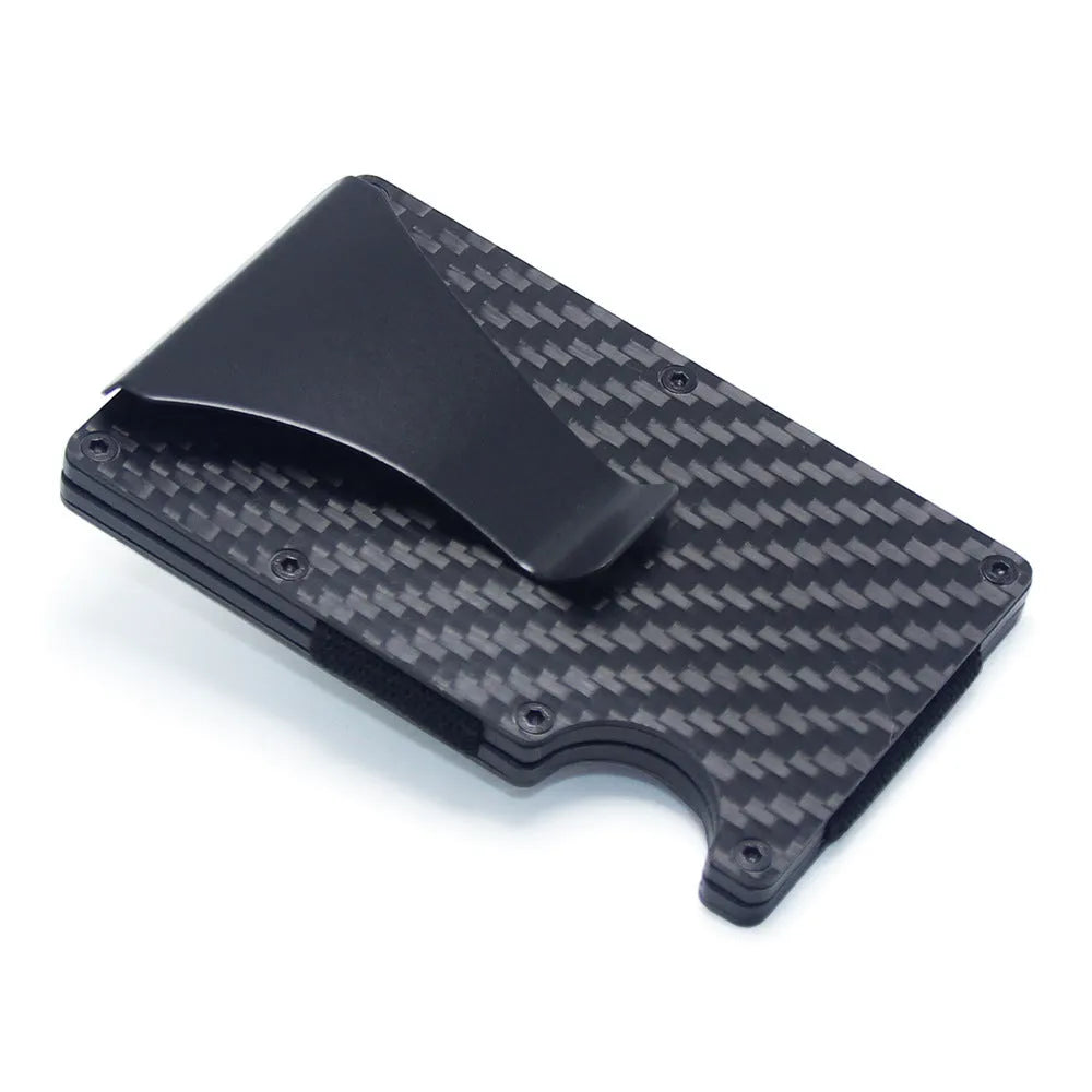 Geometric carbon fibre card wallet with business cards showing 8mm thickness