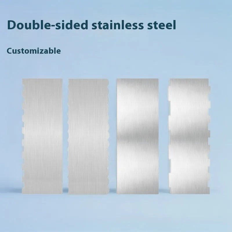 Stainless steel cake scraper with a polygon patterned edge for decorating.
