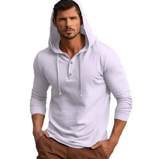 Men's dark blue cotton hoodie pullover with long sleeves on a hanger