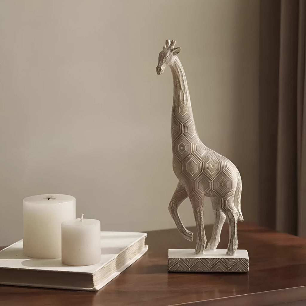 Wood colour synthetic resin giraffe decorative figure ornament on a shelf.