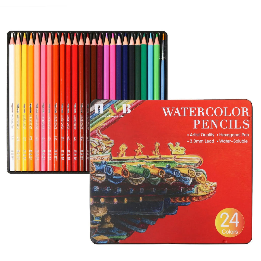 24 water-soluble coloured pencils in iron storage box, wooden barrel construction