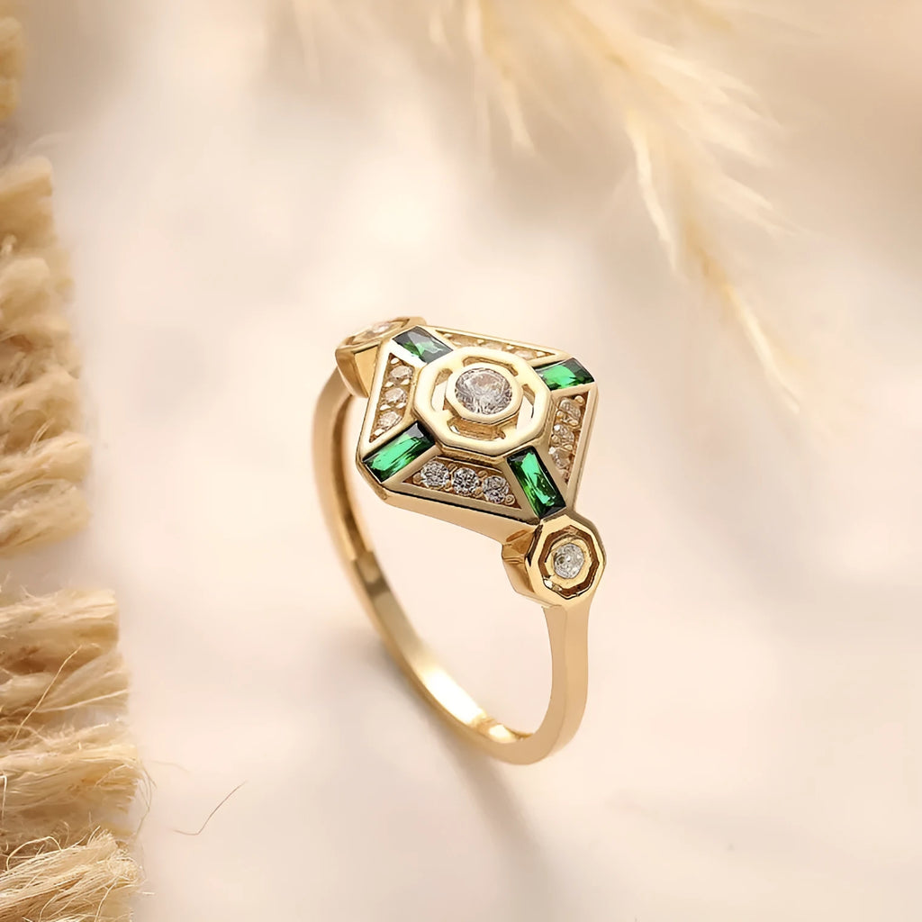 Square-cut ins-style women's fashion ring in lvzuan colour on a plain background.