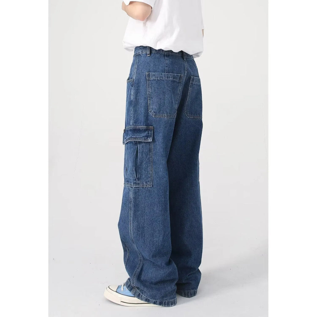 American retro loose straight leg cotton denim workwear jeans in blue with zipper fly