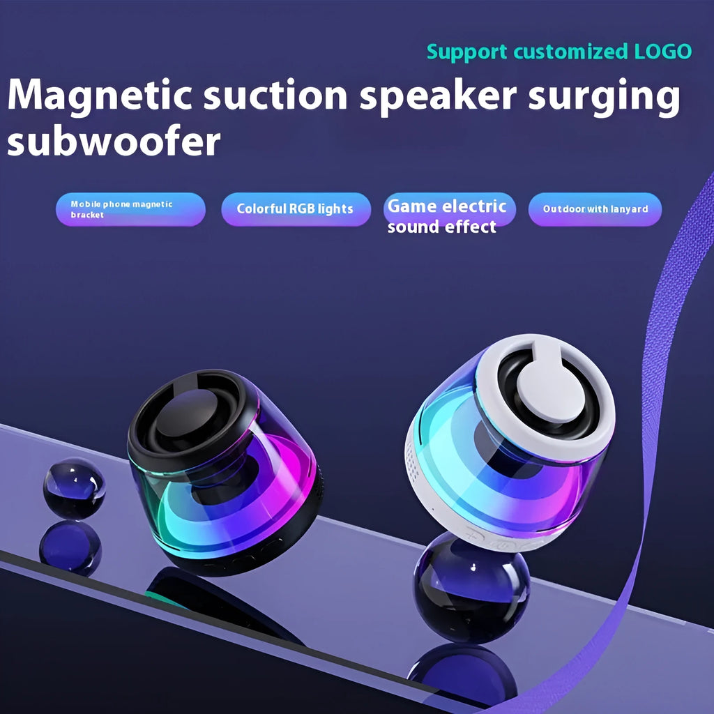 Portable wireless Bluetooth speaker with ambient lighting and magnetic base in black or white