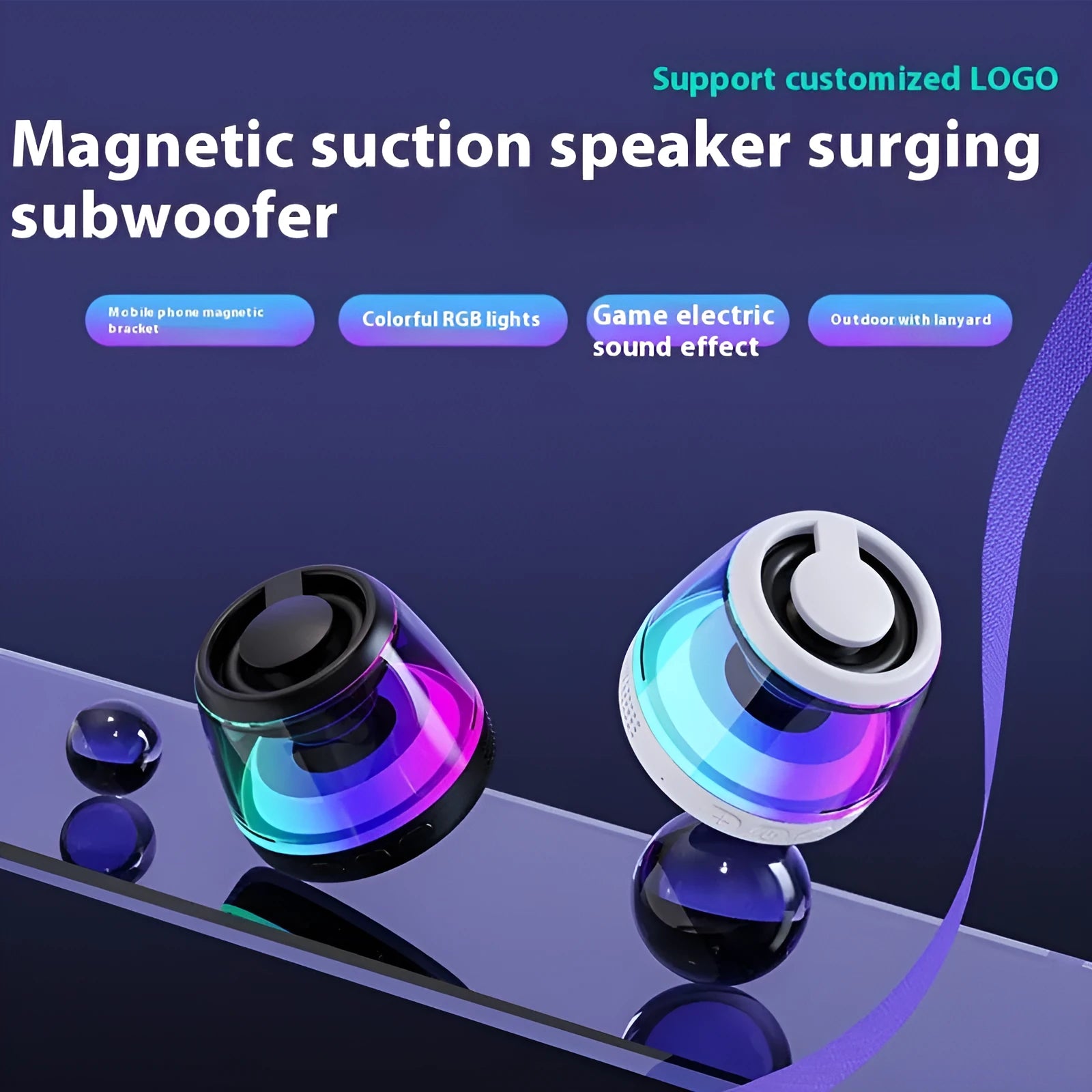 Portable wireless Bluetooth speaker with ambient lighting and magnetic base in black or white