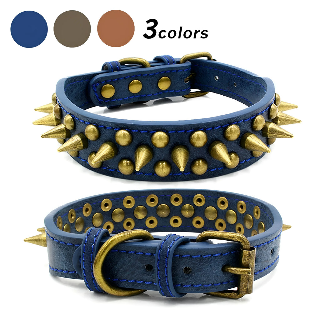 Retro studded spiked rivet PU faux leather dog collar in blue with metal D ring buckle on white background