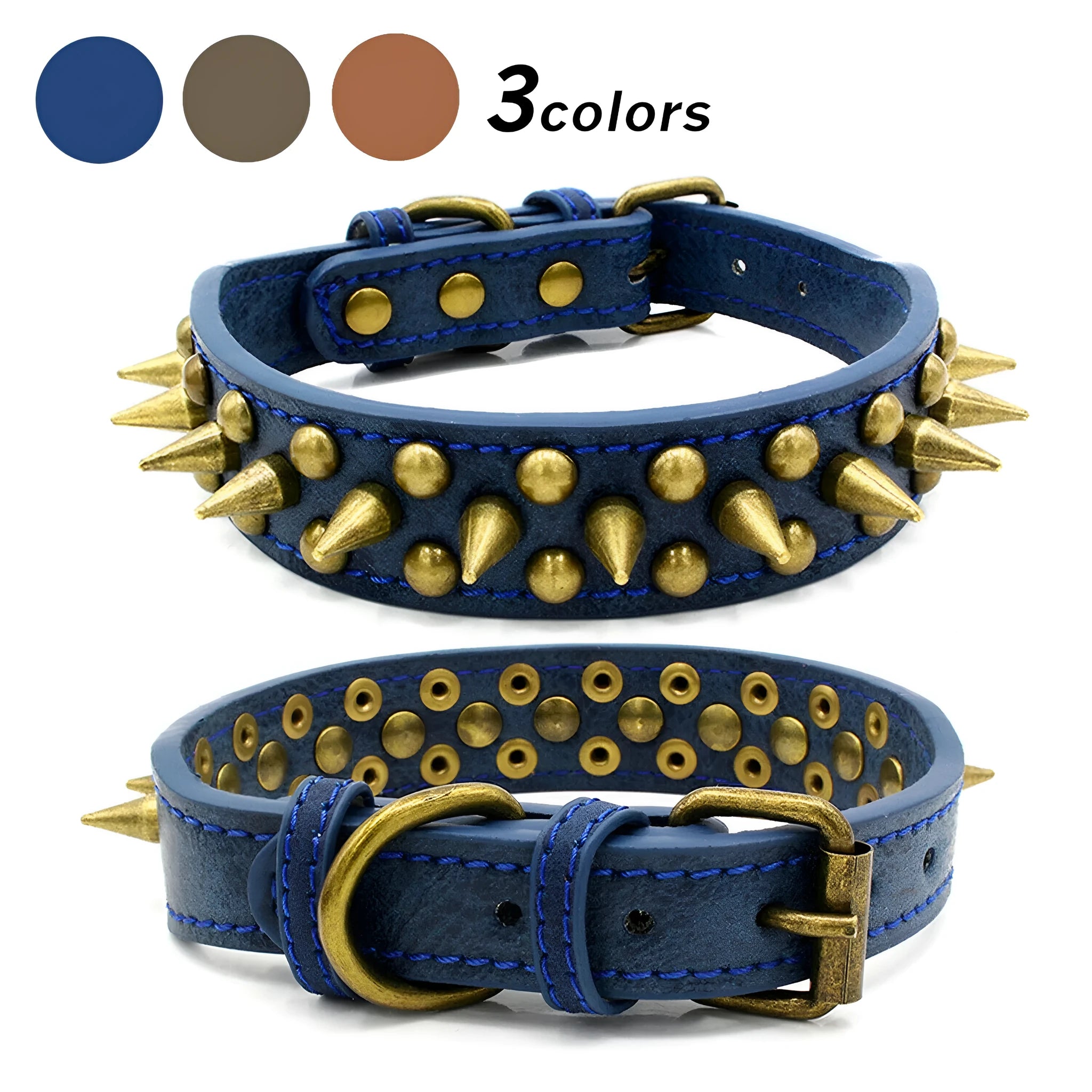 Retro studded spiked rivet PU faux leather dog collar in blue with metal D ring buckle on white background