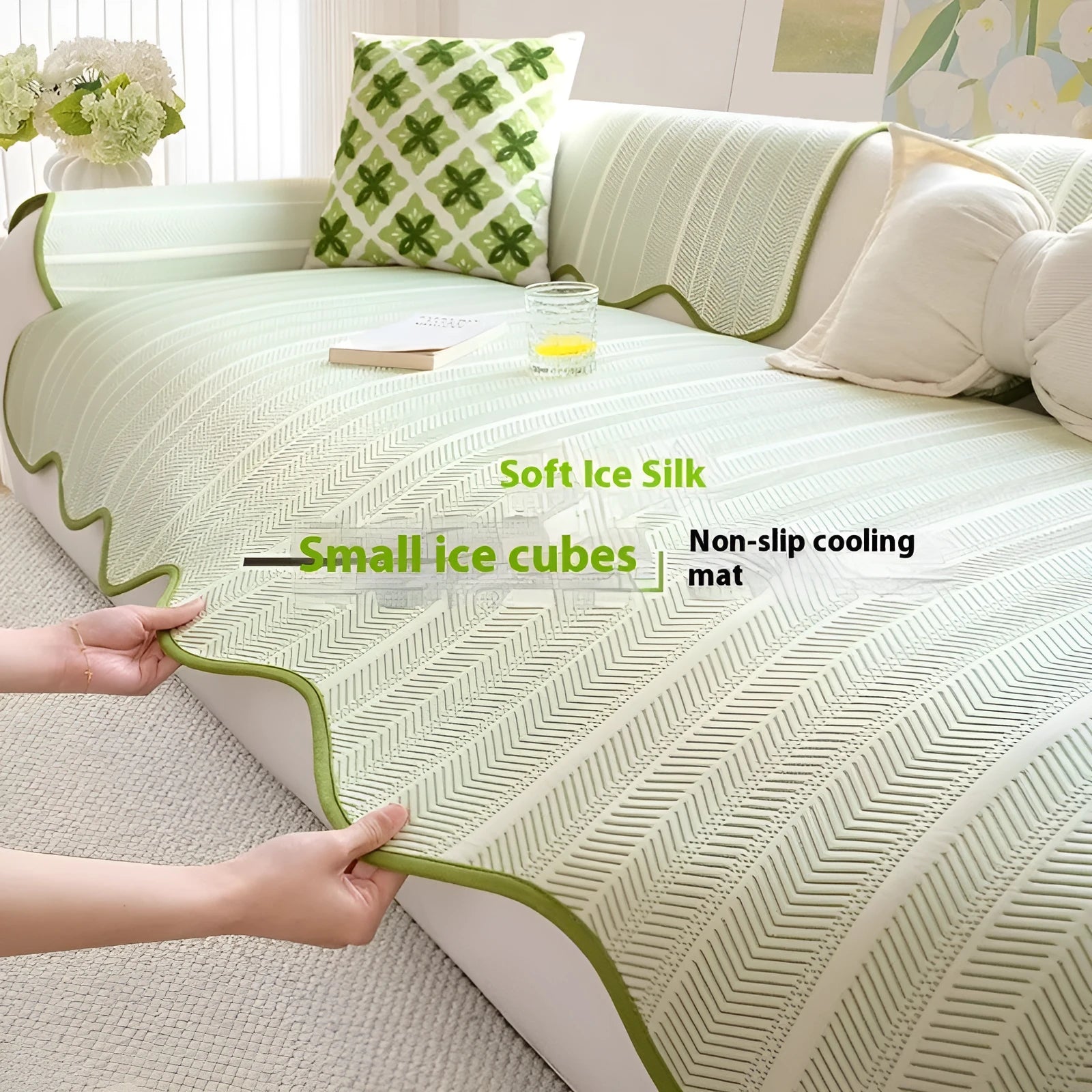 Ice silk fixed non-slip sofa cover in a special pattern, shown in jelly green colour on a couch.