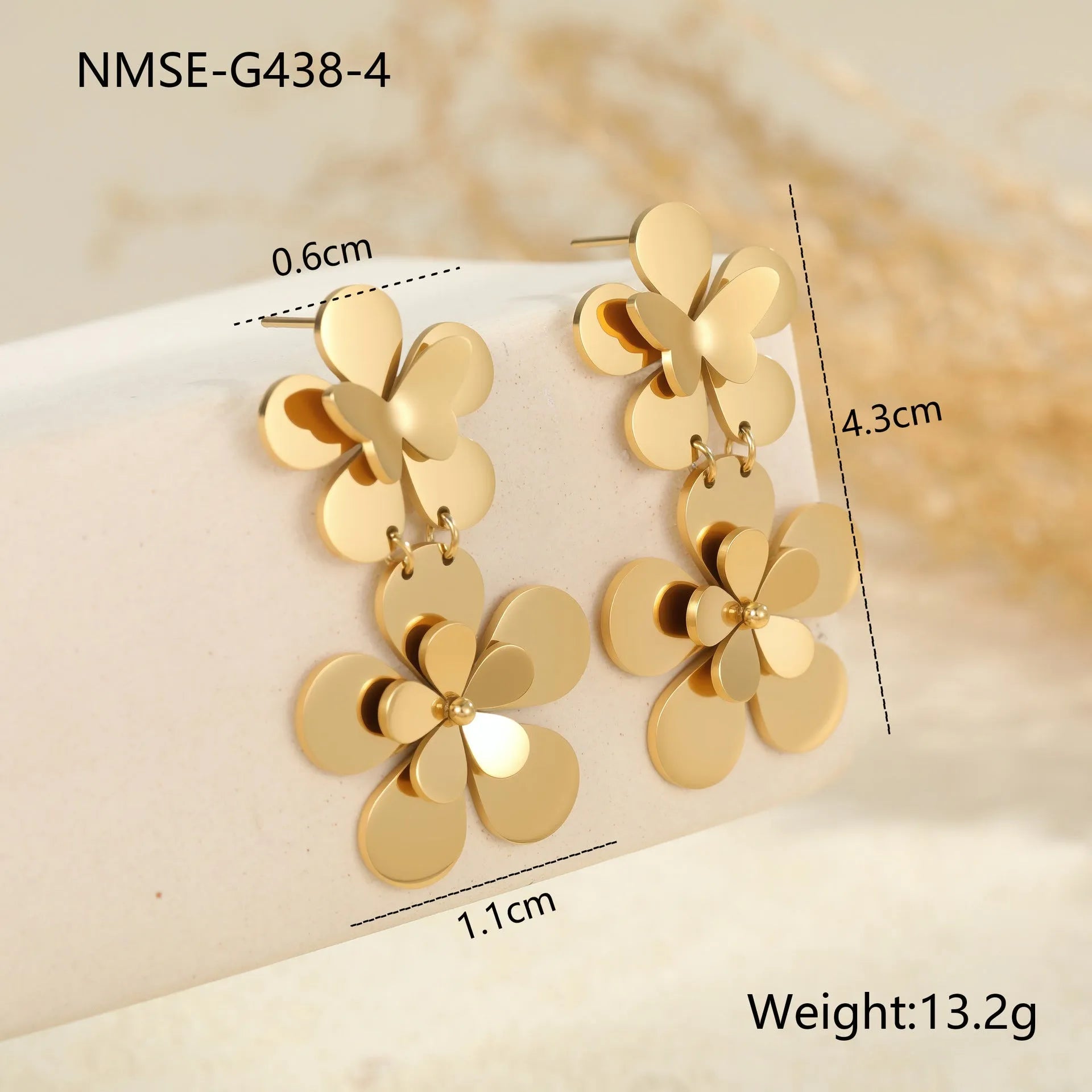 Gold butterfly earrings with floral design for women, stainless steel with 18K electroplating