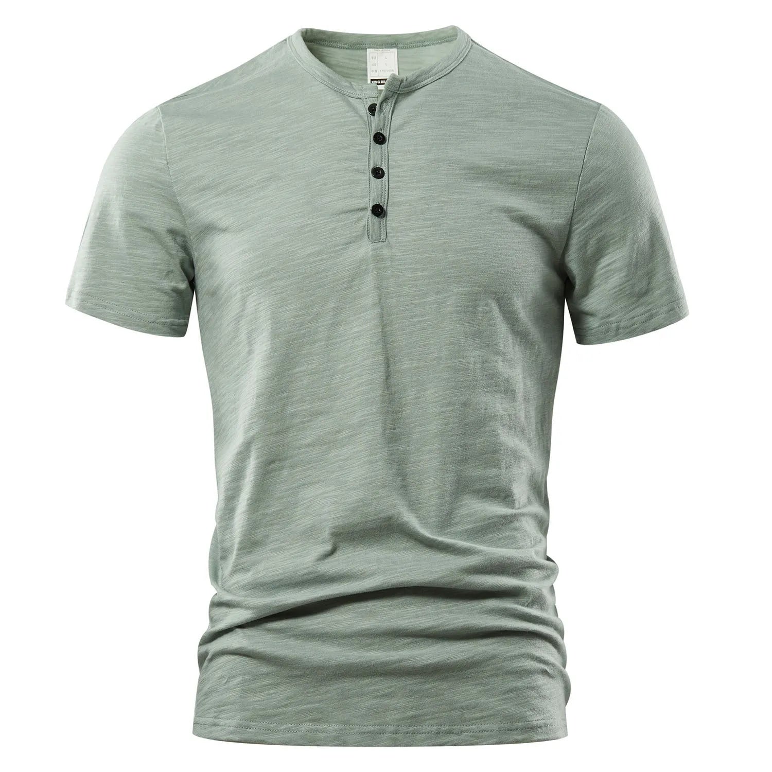 Men's slub cotton short sleeve t-shirt in denim blue, showing textured fabric and pullover style.
