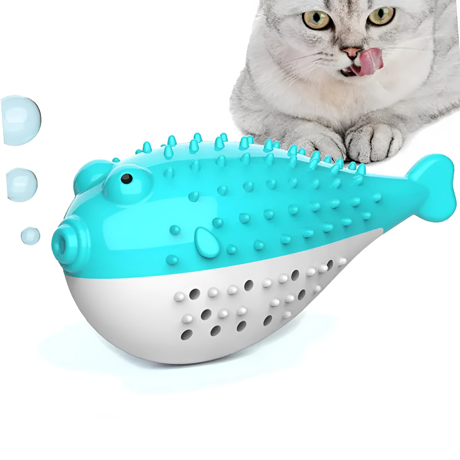 Mint Toys colourful silicone fish-shaped cat chew toy with integrated toothbrush on a white background.
