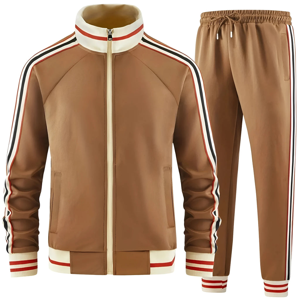 Men's khaki two-piece streetwear suit featuring a zip-front turtleneck cardigan and straight-leg trousers.