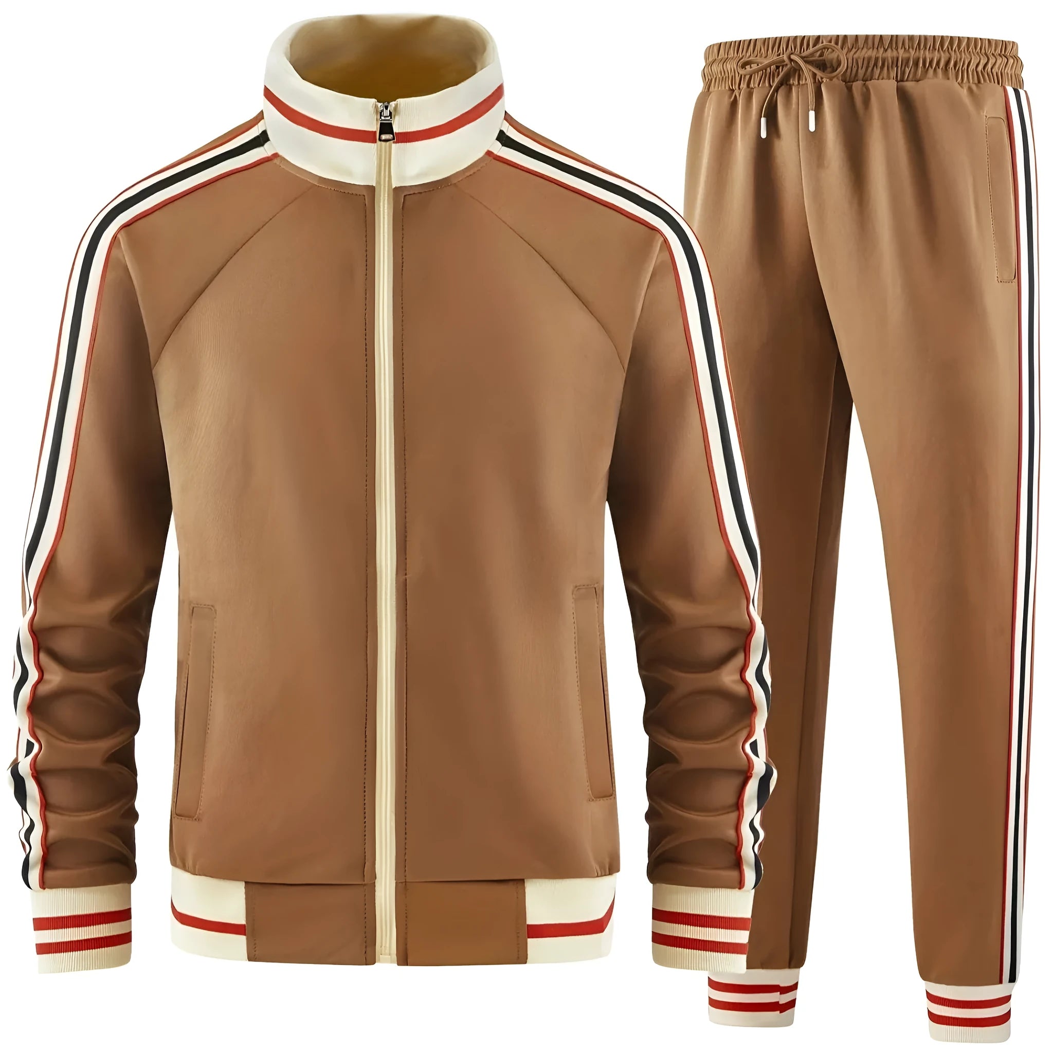 Men's khaki two-piece streetwear suit featuring a zip-front turtleneck cardigan and straight-leg trousers.