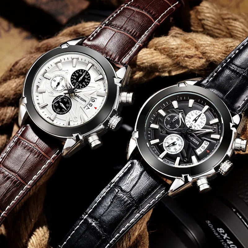 Men's multifunctional quartz watch with three subdials, six hands, luminous dial and waterproof case