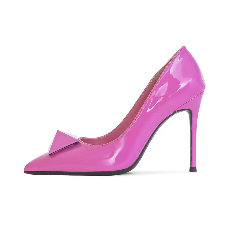 Pink patent leather women's stiletto heels with pointed toe and buckle closure on different heel heights