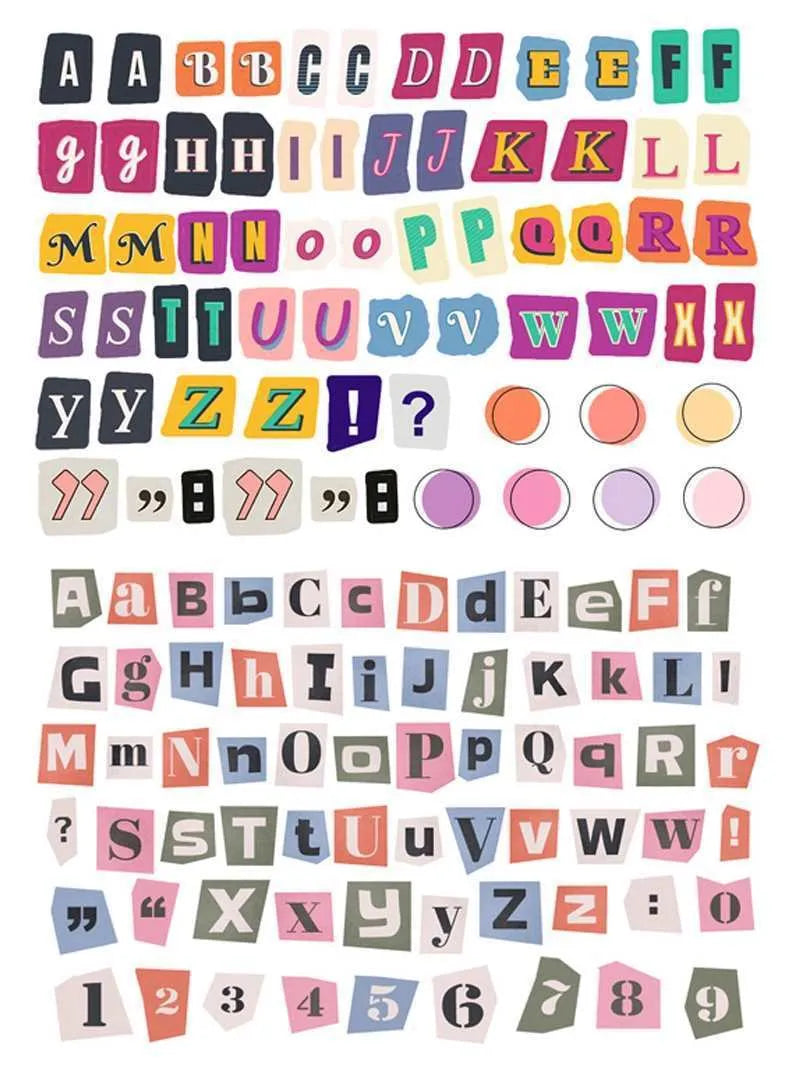 A set of cute-style decoration stickers showing printed English letters and weekly words like Monday, Tuesday.