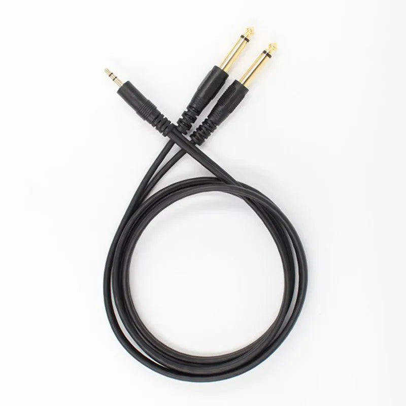 3.5mm stereo to two 6.5mm male audio cable with gold-plated connectors on a black background