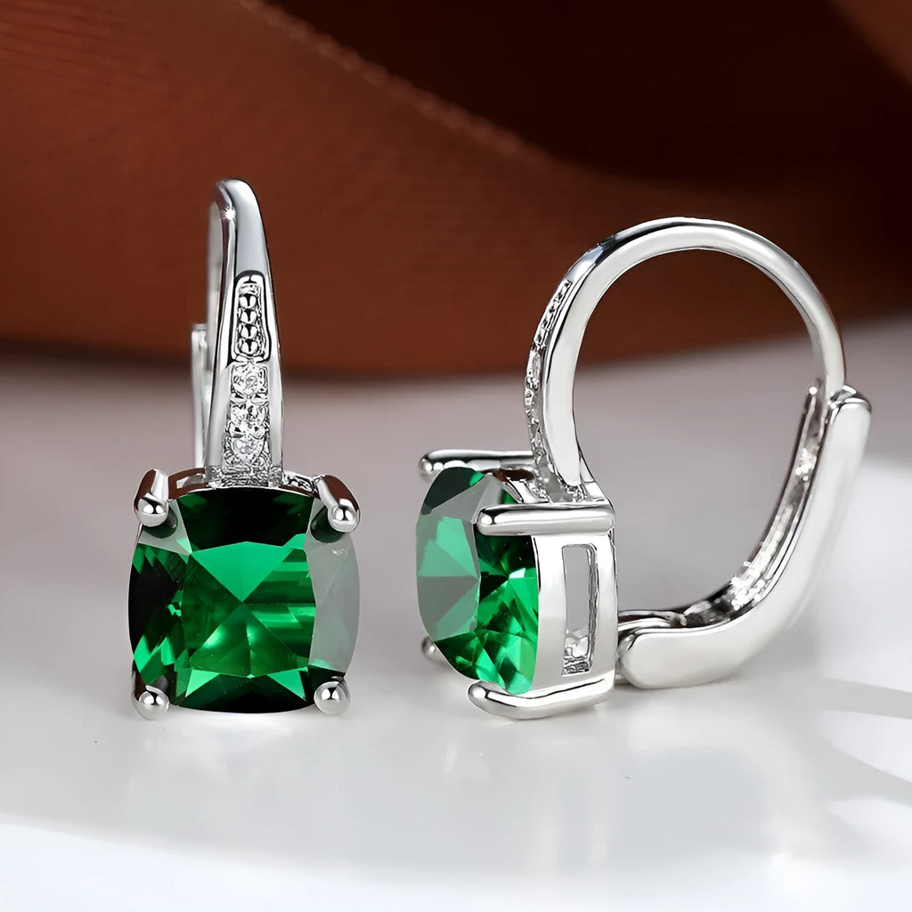 Square zircon inlaid geometric ear hook earrings in a golden white finish, showing Korean style design.