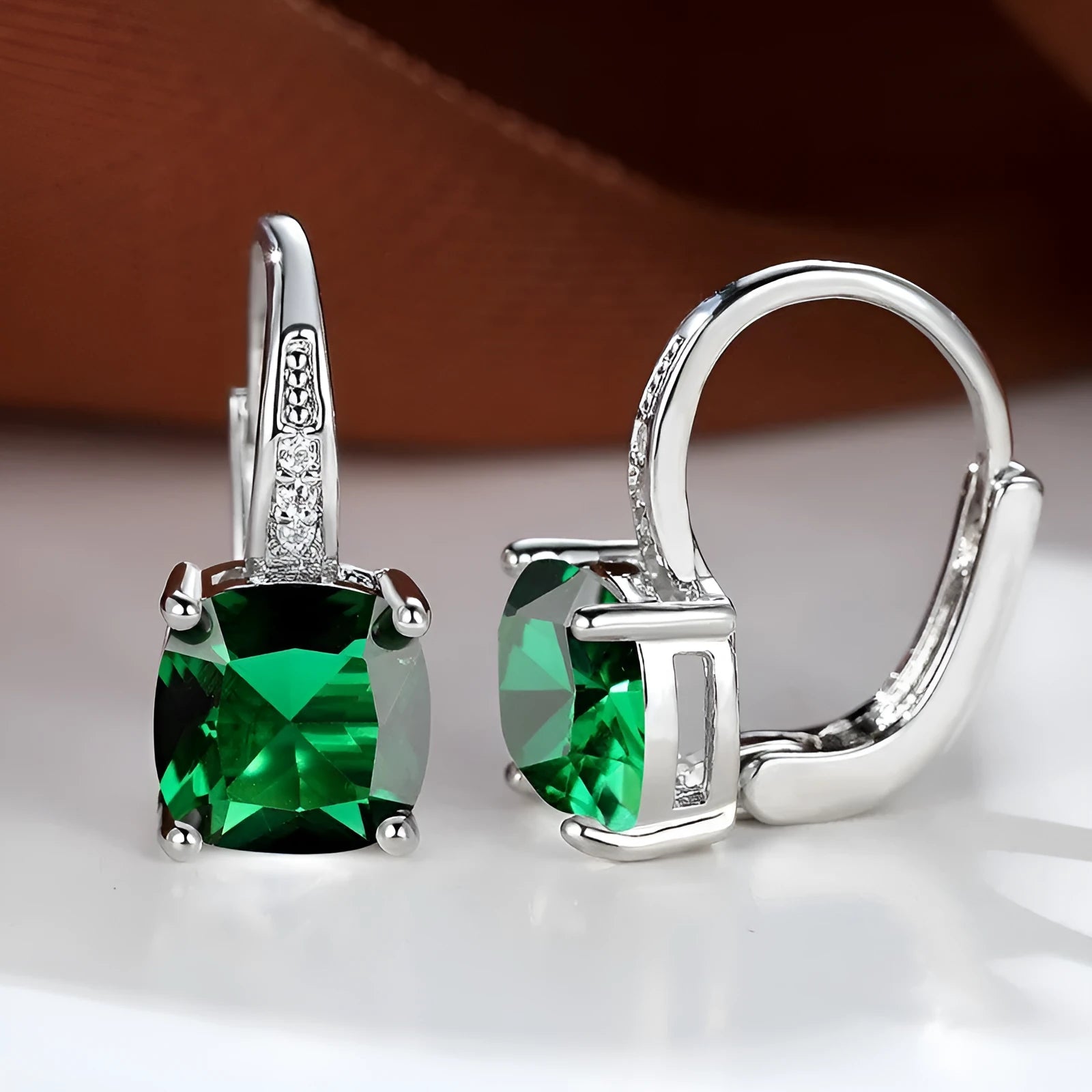 Square zircon inlaid geometric ear hook earrings in a golden white finish, showing Korean style design.