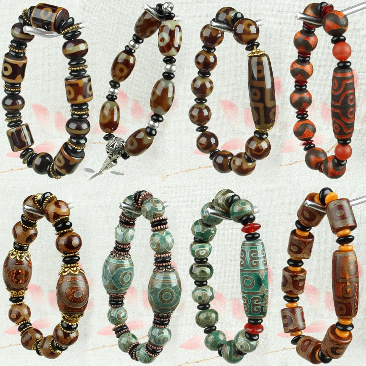 Distressed agate Tibet beads bracelet with three eye dzi design and polished stone beads