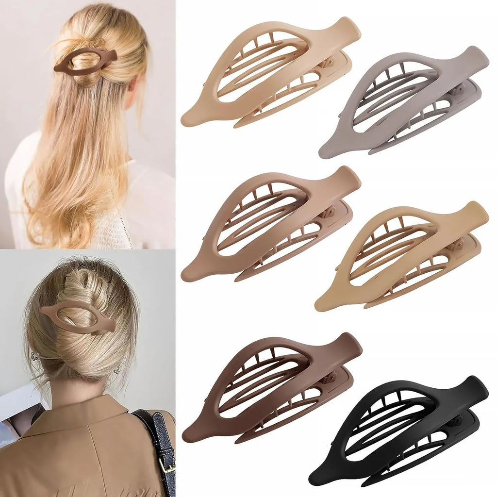 Six plastic hair clips with frosted grip and quadrilateral design in nude and rose red colours