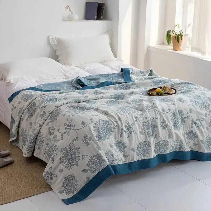 Pure cotton five-layer gauze bed sheet blanket with roulette wheel blue pattern in modern simple style