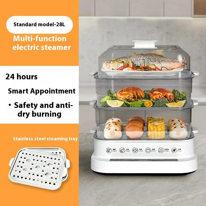 28 litre stainless steel electric steamer with transparent lid and automatic measuring function