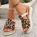 Women's beige leopard print wedge platform sandals with fish mouth open toe on a light background.