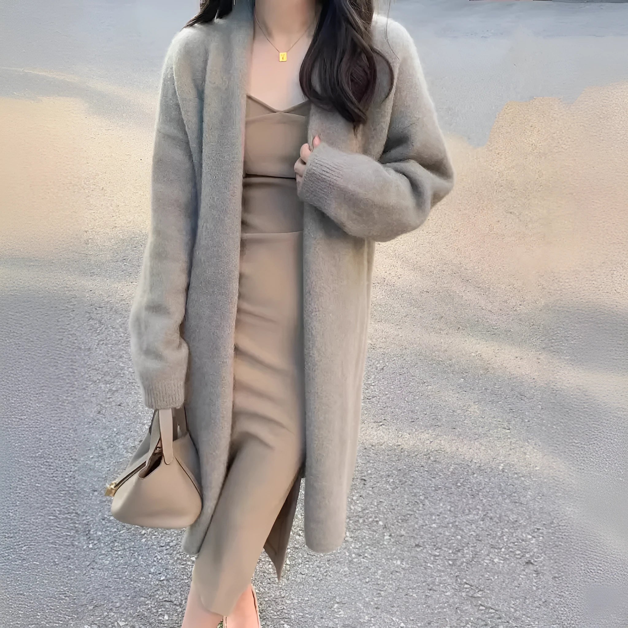Women's loose-fit mid-length knitted cardigan in grey, showing V-neck and long sleeves.
