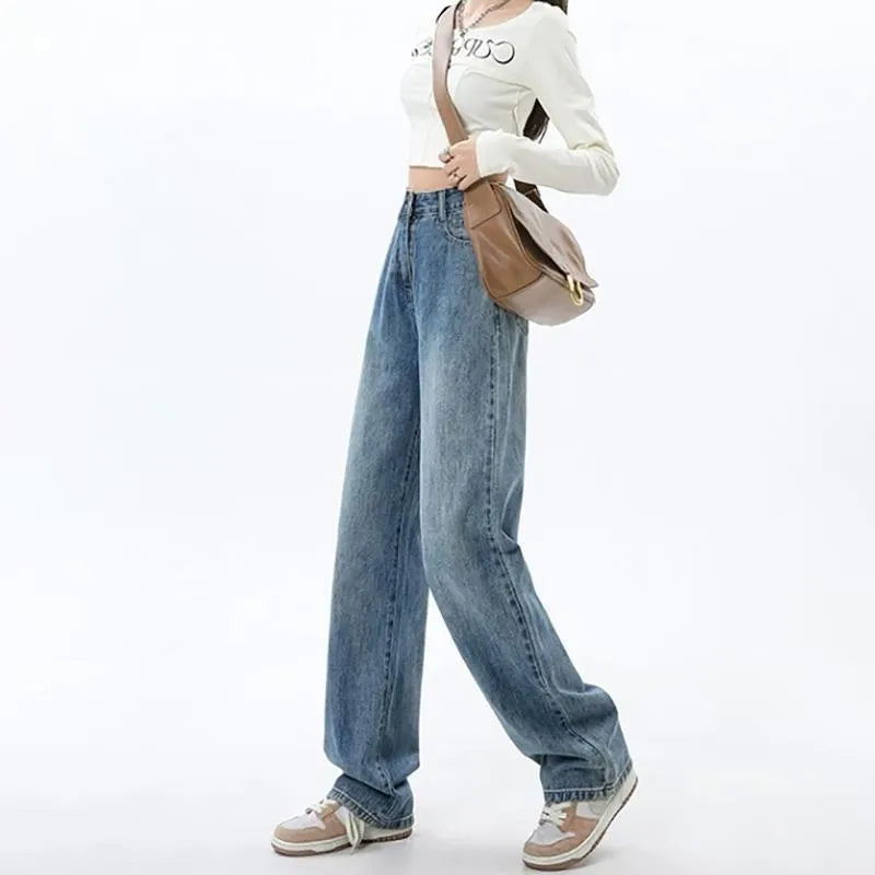 Women's retro blue wide leg jeans with high waist and straight leg silhouette on hanger
