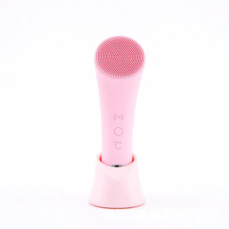 Pink electric silicone face cleansing brush with vibration and heating functions, USB rechargeable