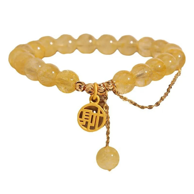 Natural citrine bracelet with Chinese character tassels in electroplated mixed materials