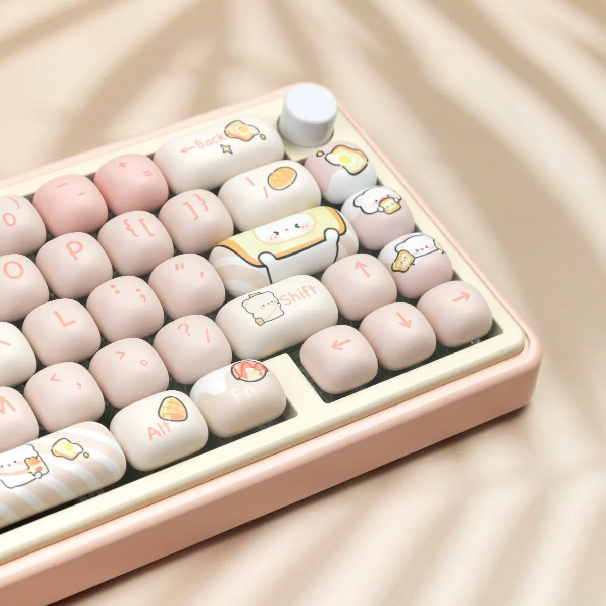 PBT mechanical keyboard keycap set with colourful bread bear cartoon design using thermal sublimation printing
