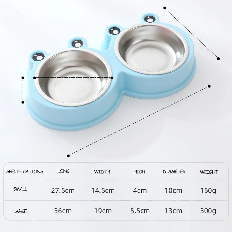 Blue stainless steel frog-shaped double pet bowl for food and water on a floor.