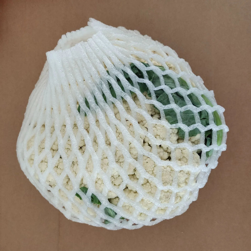 White foam net shockproof protective case for fruit, shown with sizing options.