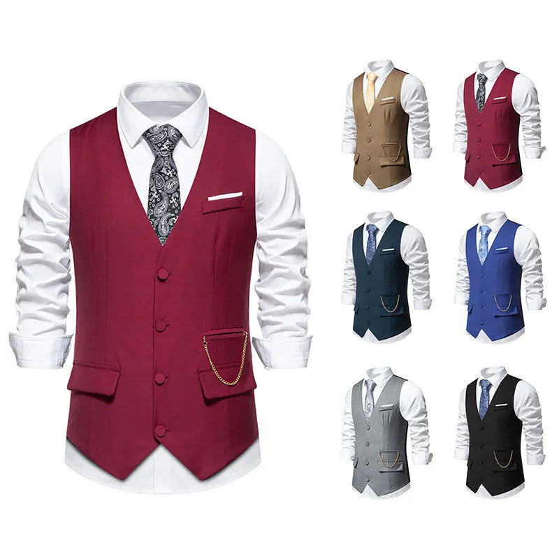 Men's solid colour V-neck single breasted chain vest in slim fit, shown in gray for spring light business wear