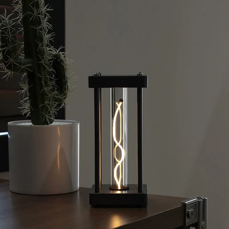 Metallic gray USB rechargeable night light with curved wire, 68x68x159mm